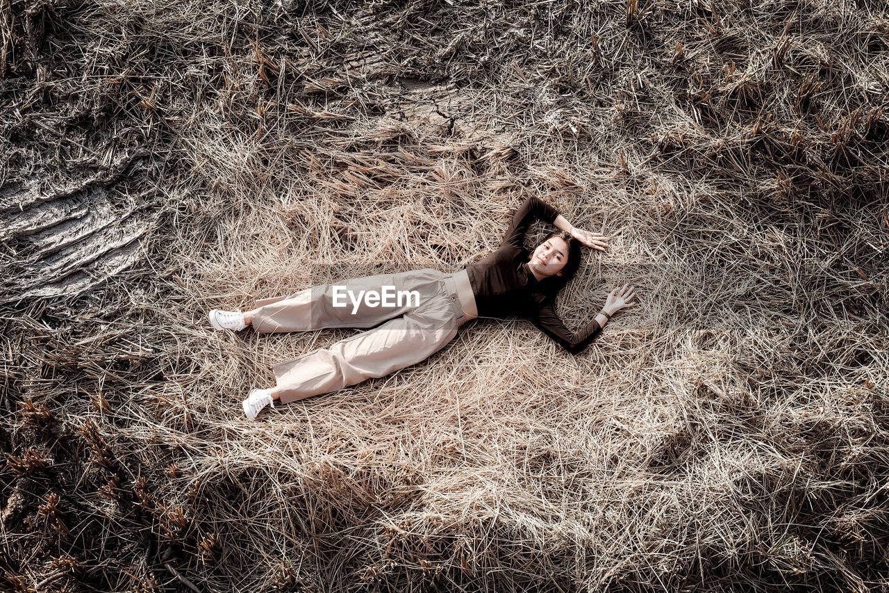 High angle view of woman lying down on field