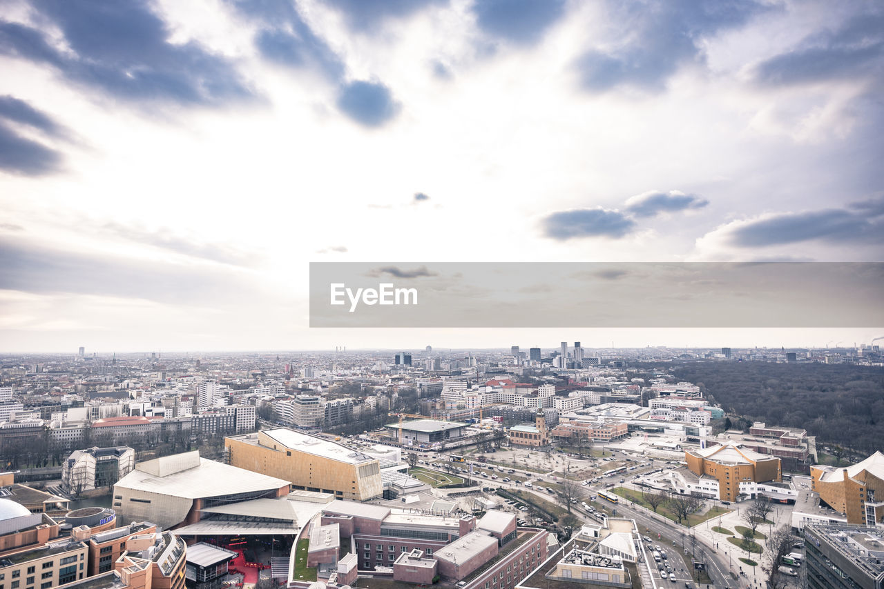 High angle view of cityscape against sky