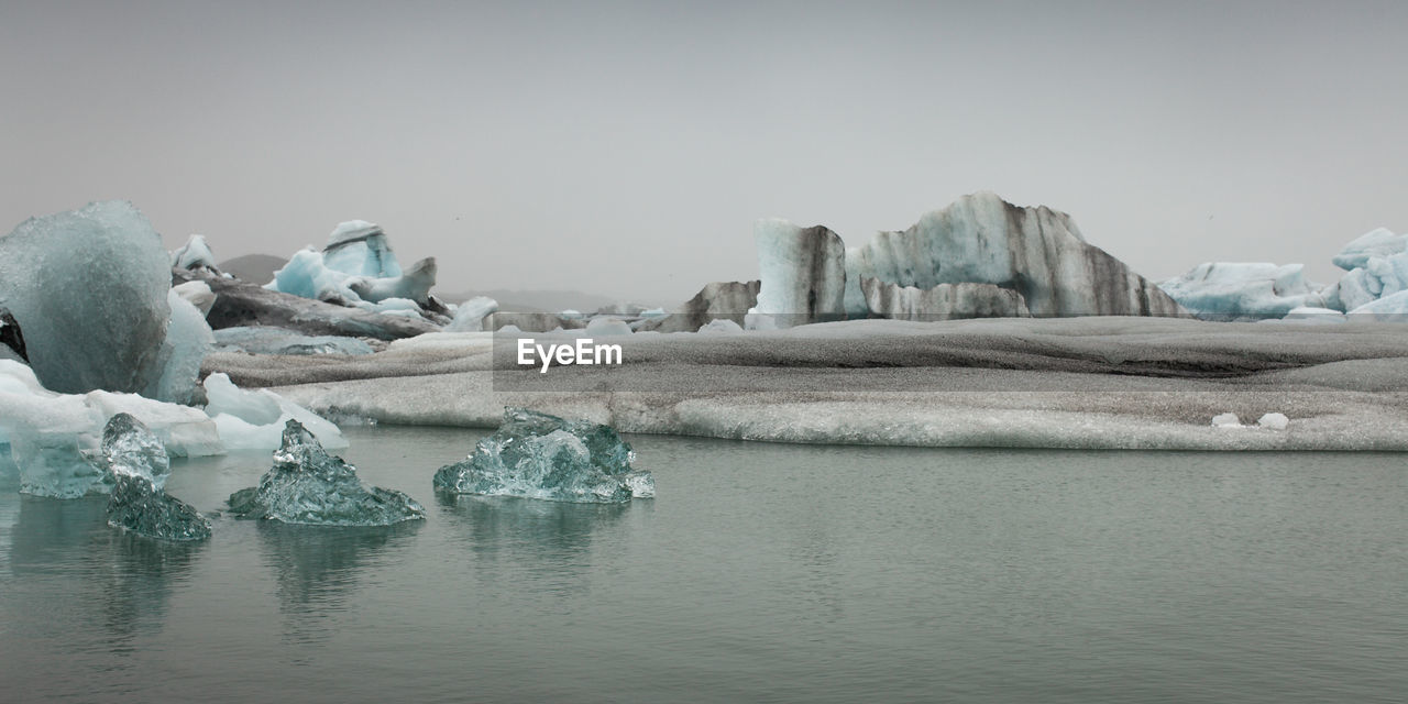 Scenic view of lake against clear sky during winter
