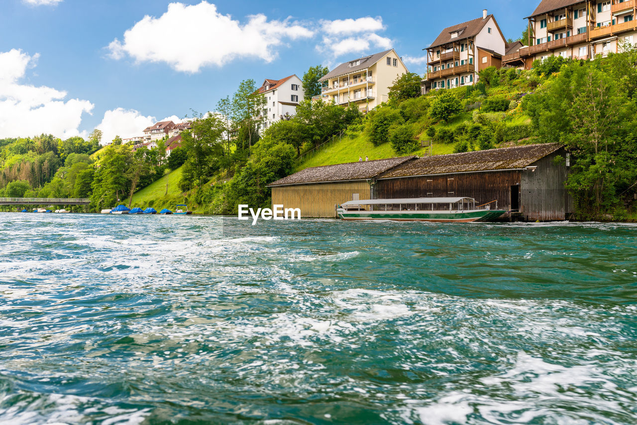 Beautiful view of the rhine river in turquoise, at the source in switzerland.