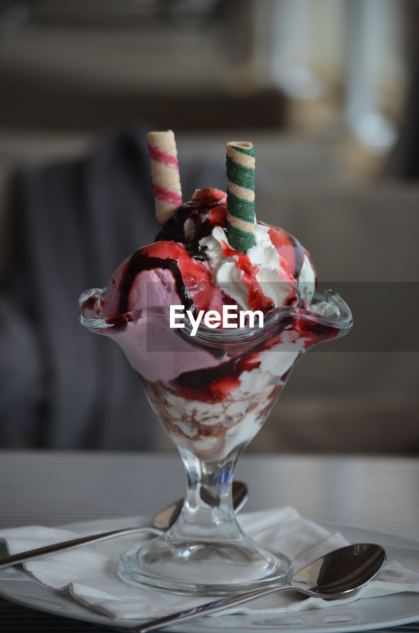 Close-up of ice cream on table