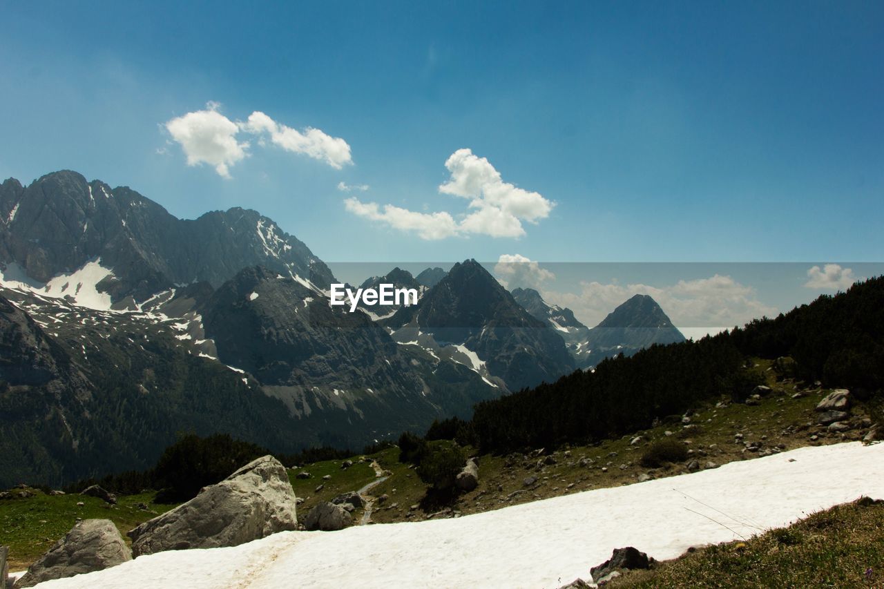 Scenic view of mountains against cloudy sky