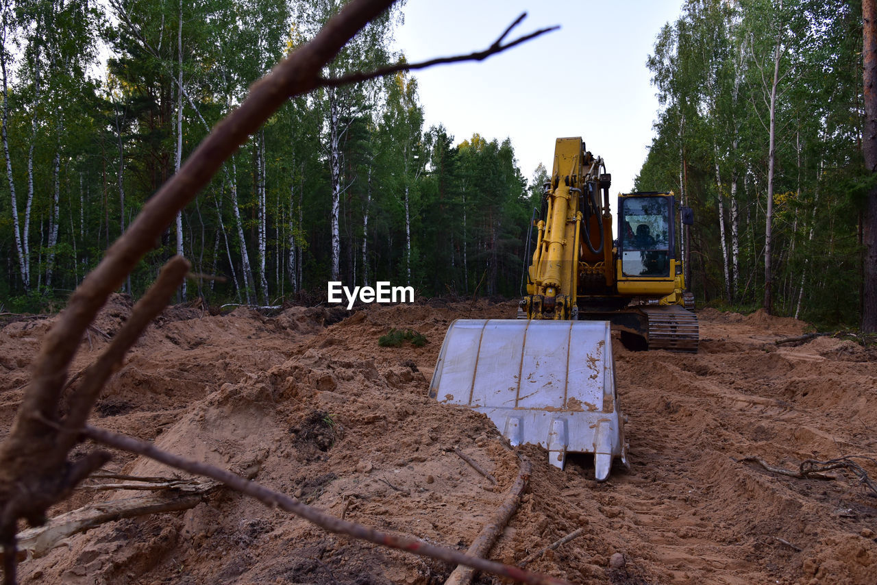 Excavator clearing forest for new development and road work. backhoe for forestry work. 