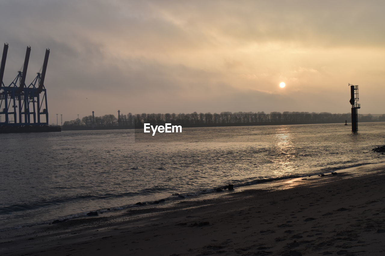 SCENIC VIEW OF BEACH AGAINST SKY AT SUNSET