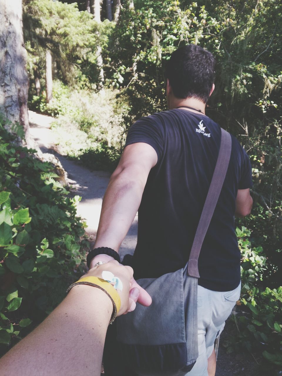 Cropped image of girlfriend holding boyfriend hand while walking by trees