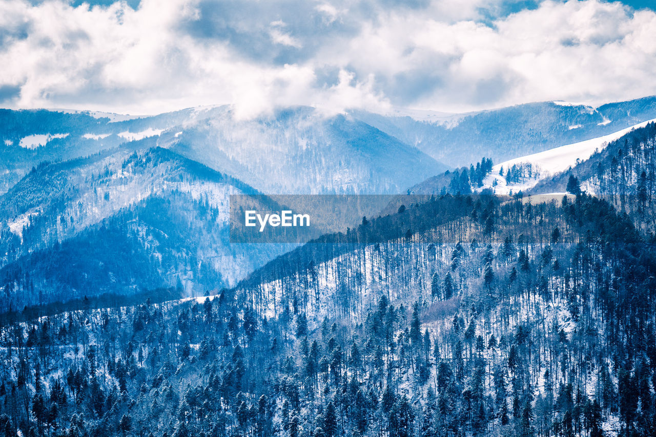 View of the snowy vosges, france, near munster and the hohneck with forest and sky