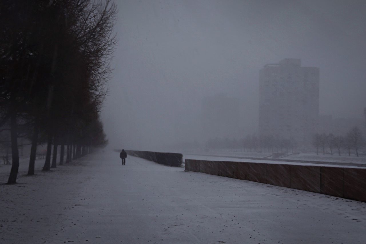 Man walking on snow covered field during foggy weather