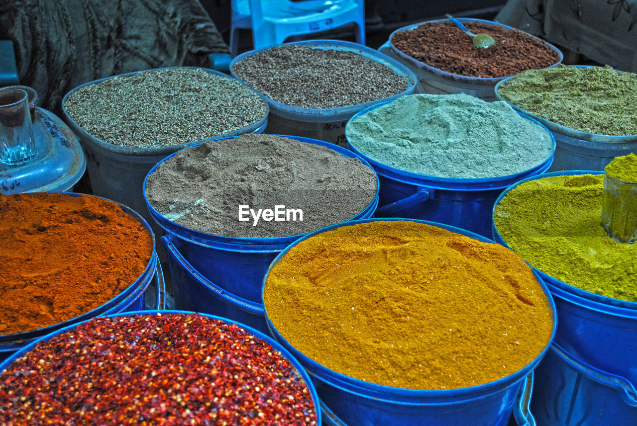 Various spices for sale at market stall