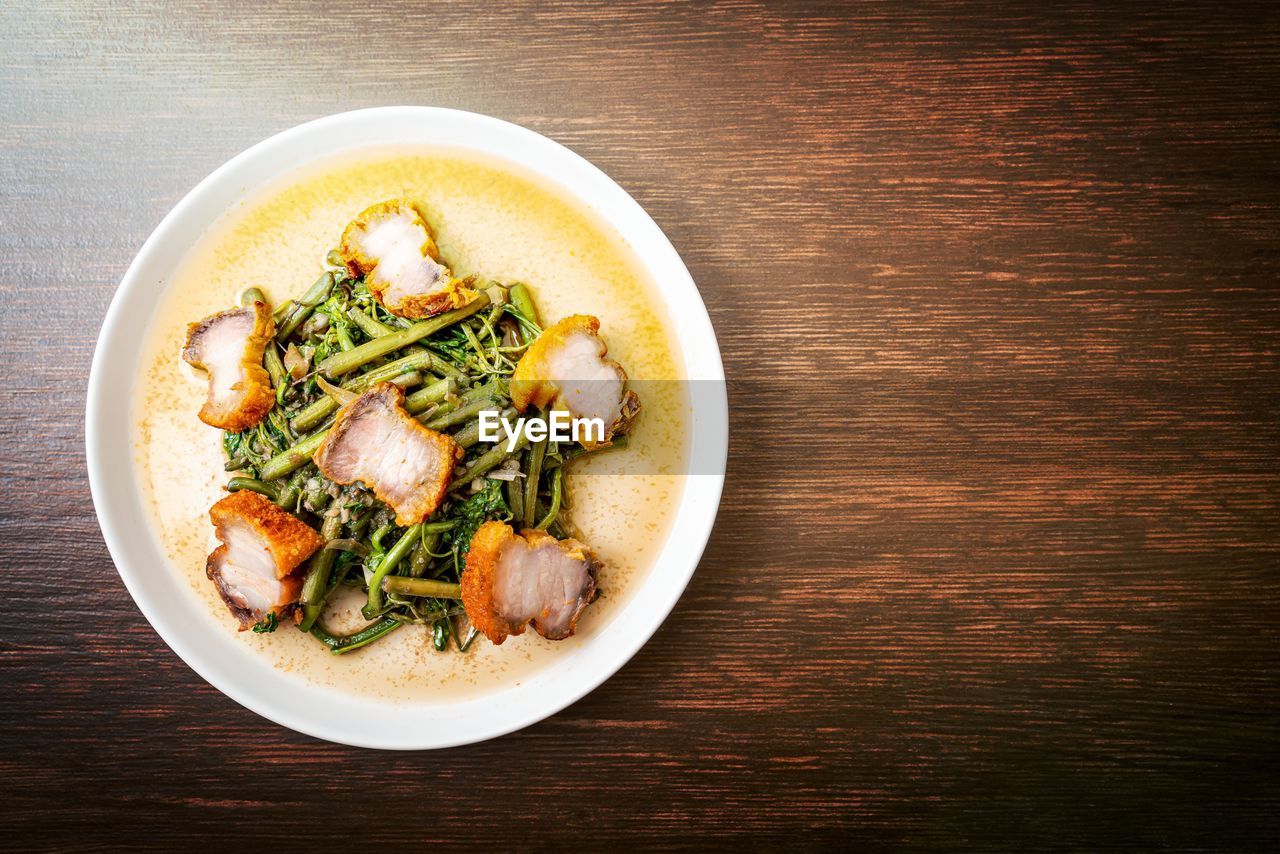 high angle view of food in bowl on table