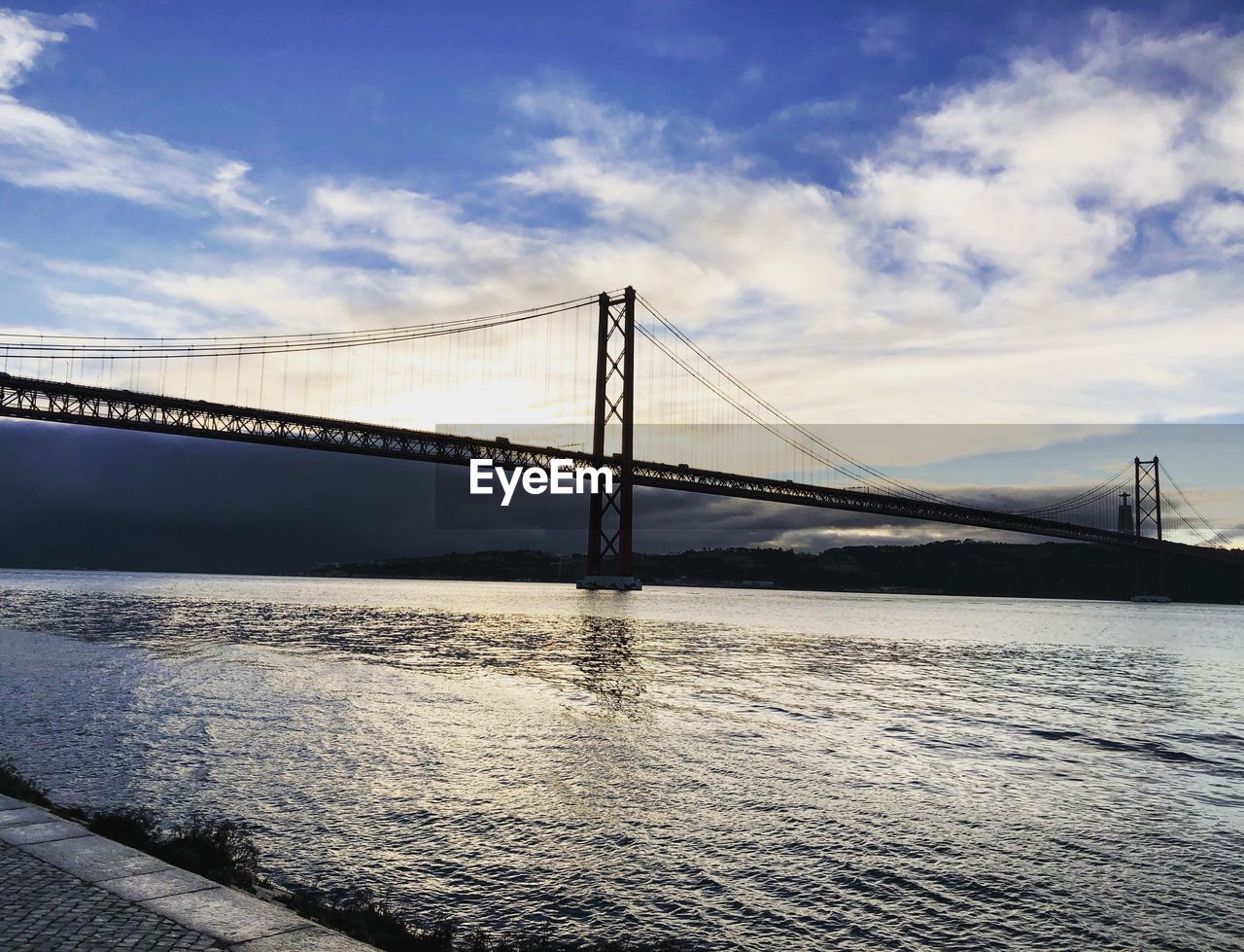 View of suspension bridge against cloudy sky