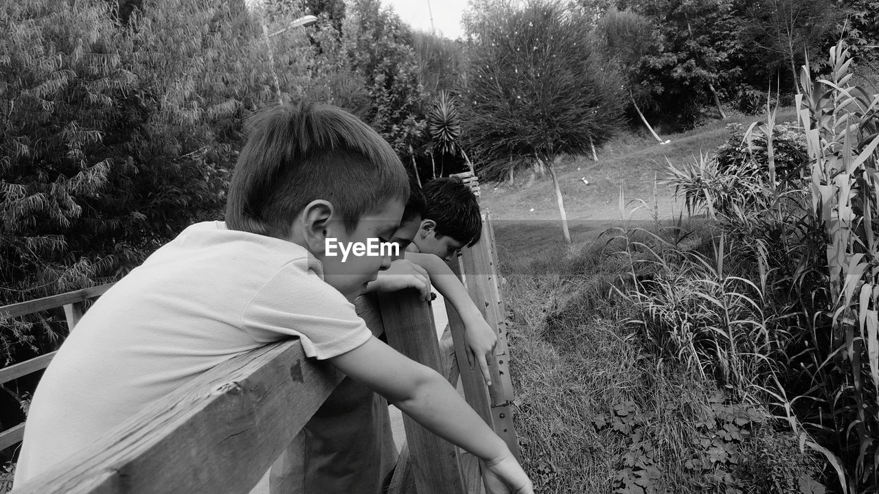 Friends looking at field from footbridge