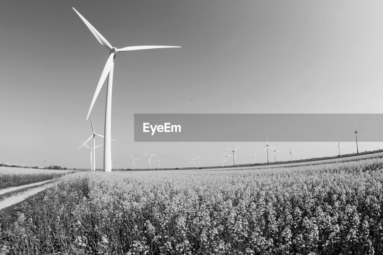 WIND TURBINE ON FIELD AGAINST SKY