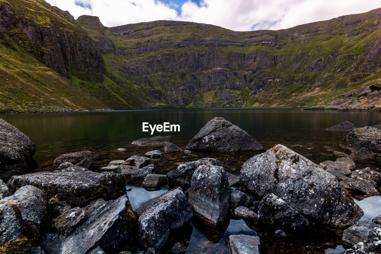 Scenic view of lake and mountains against sky