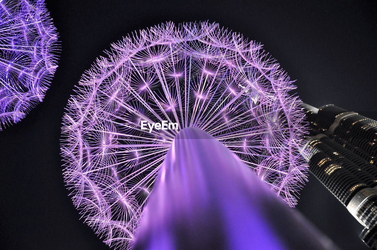 LOW ANGLE VIEW OF ILLUMINATED LIGHT TRAILS ON PURPLE WALL