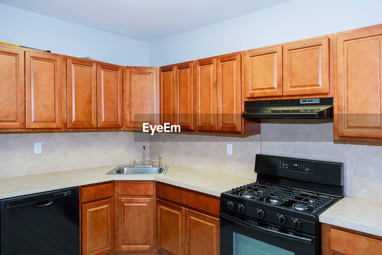 Wooden cabinets in kitchen