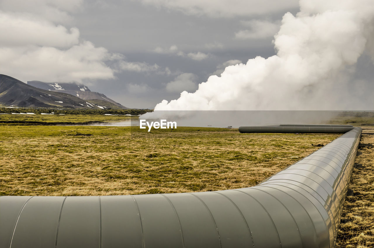 Large diameter pipe connecting a vent of hot steam with the hellisheiði geothermal power plant