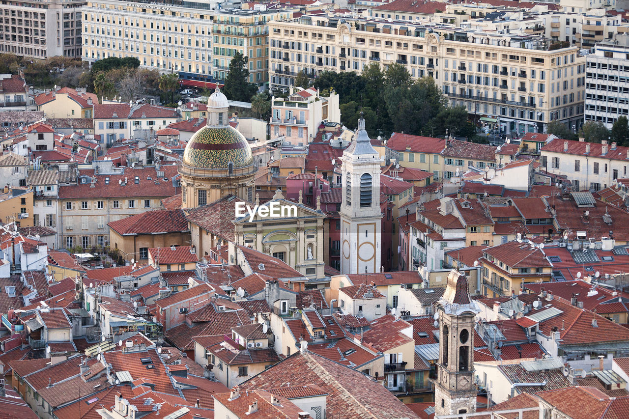 Nice, france - march 26 2019. aerial view at sunset of the nice cathedral and the church of the gesu