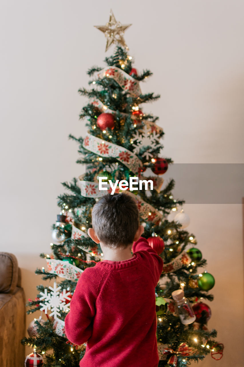 Rear view of boy with christmas tree