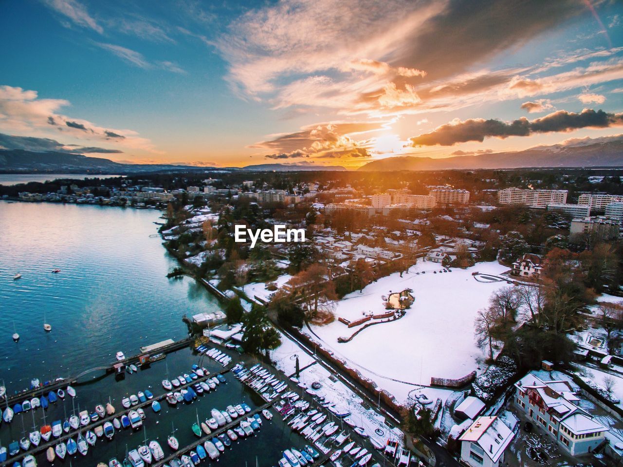 Aerial view of sea during sunset