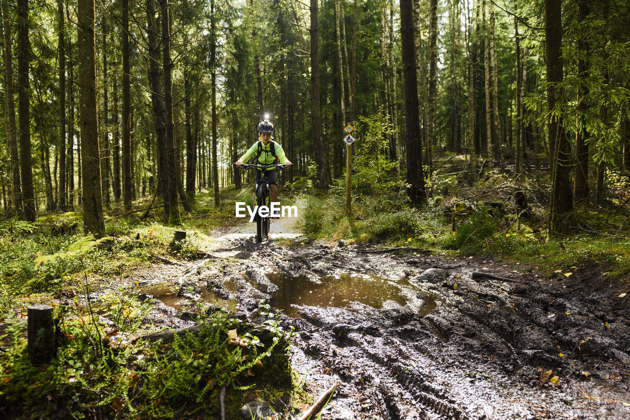 Boy cycling in forest