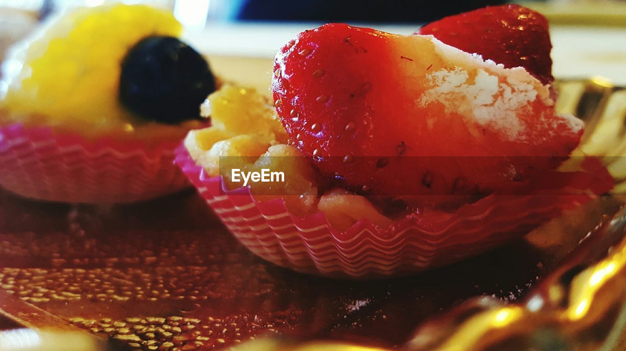 Close-up of desserts on table