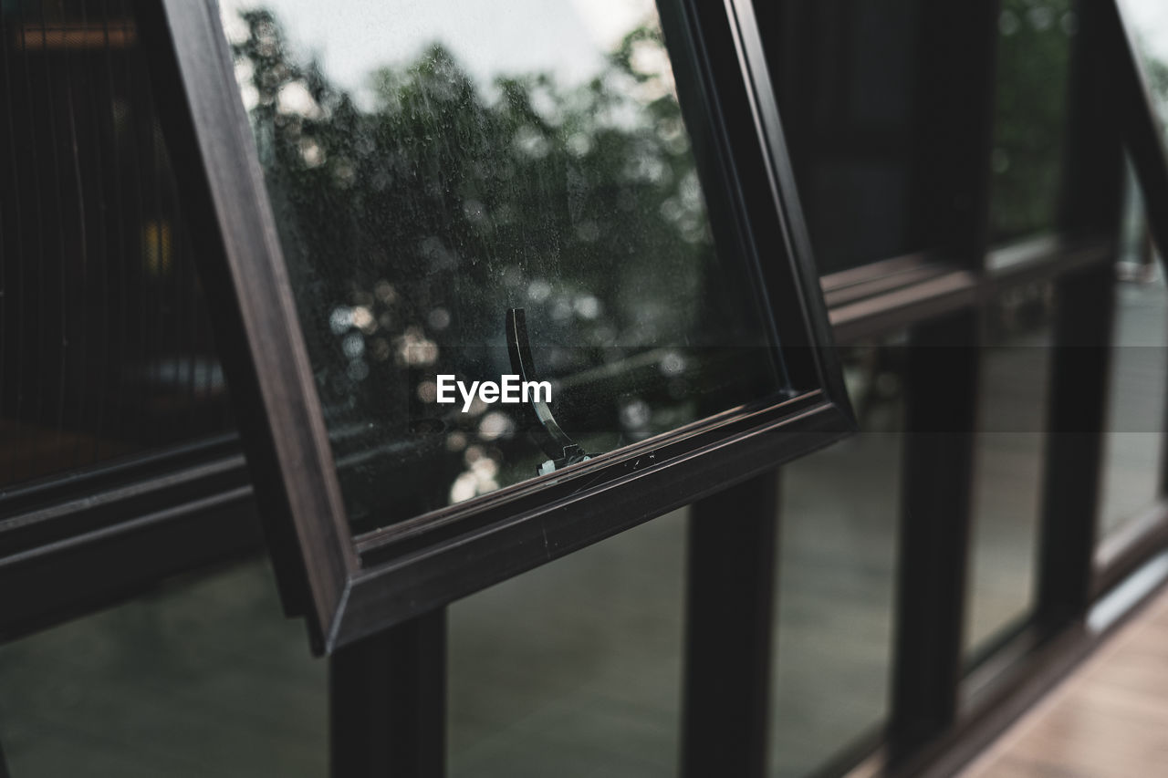 CLOSE-UP OF WINDOW ON METAL RAILING BY TREE