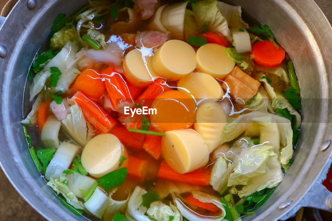 High angle view of chopped vegetables in bowl