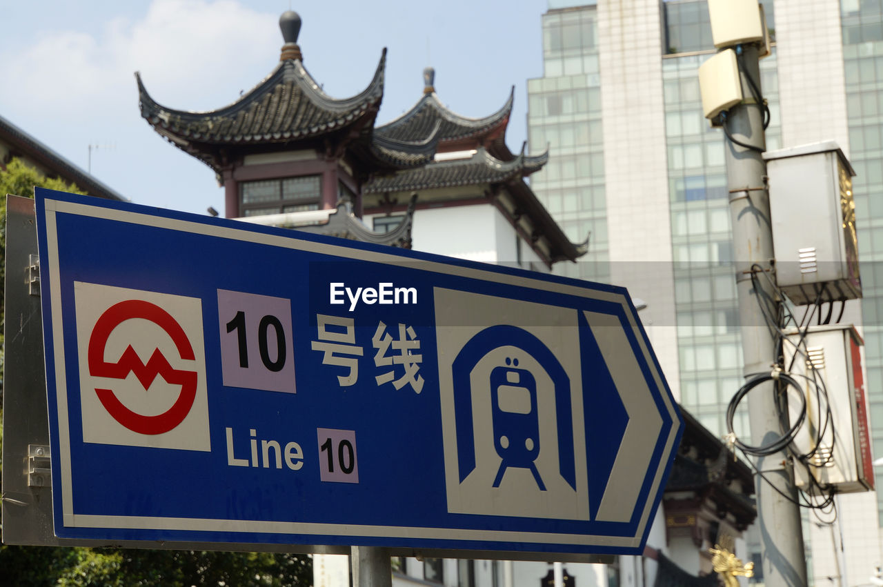 Close-up of road sign against buildings