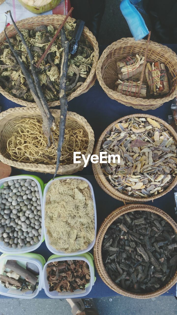 High angle view of herbs at sunday market in gaya street