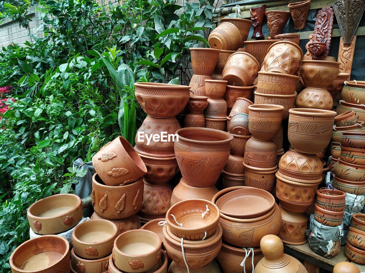 High angle view of flower pots