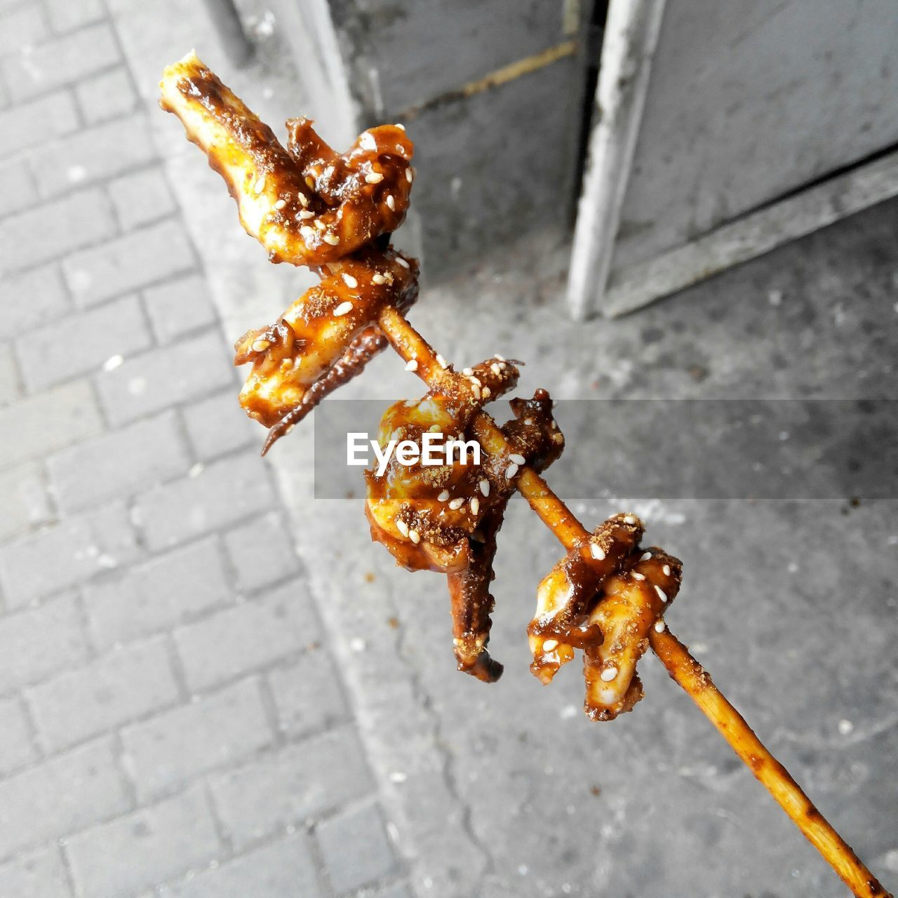 High angle view of meat on stick