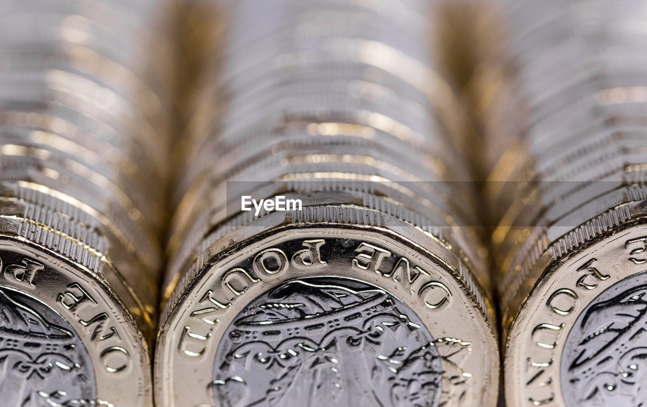 Close up of one pound coins 