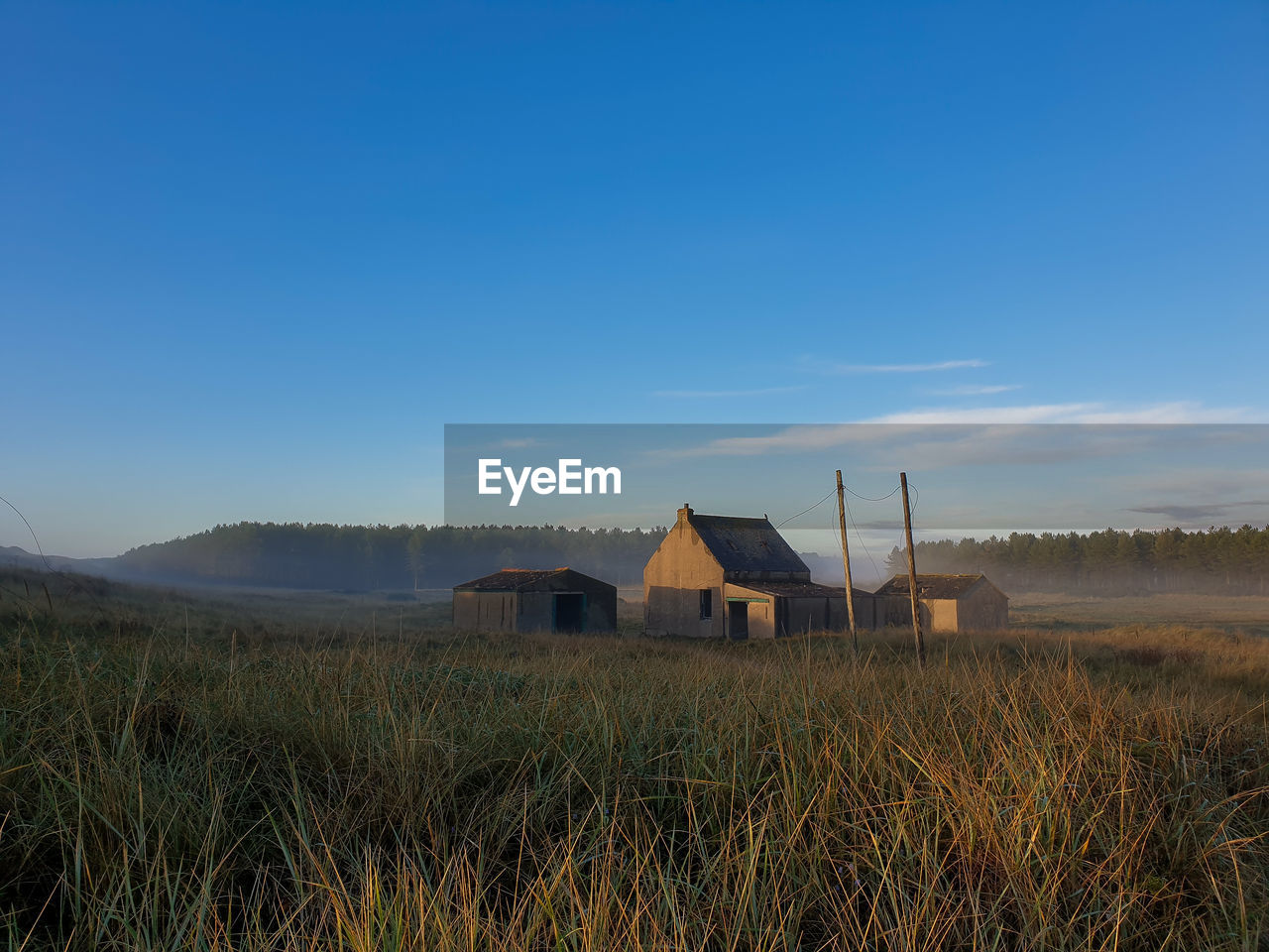 HOUSES ON FIELD BY HOUSE AGAINST SKY