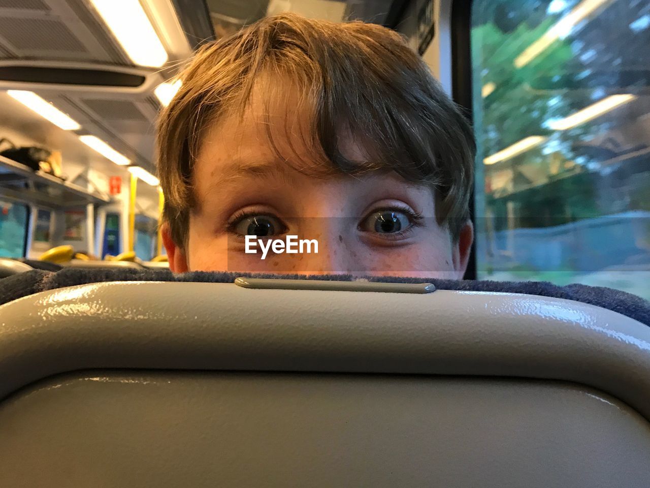 Cropped portrait of boy in train