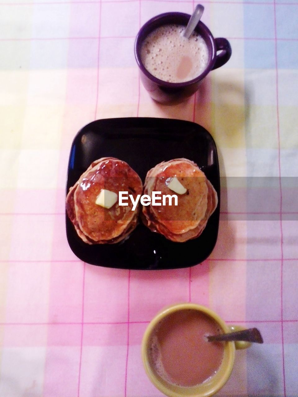 High angle view of breakfast served on table