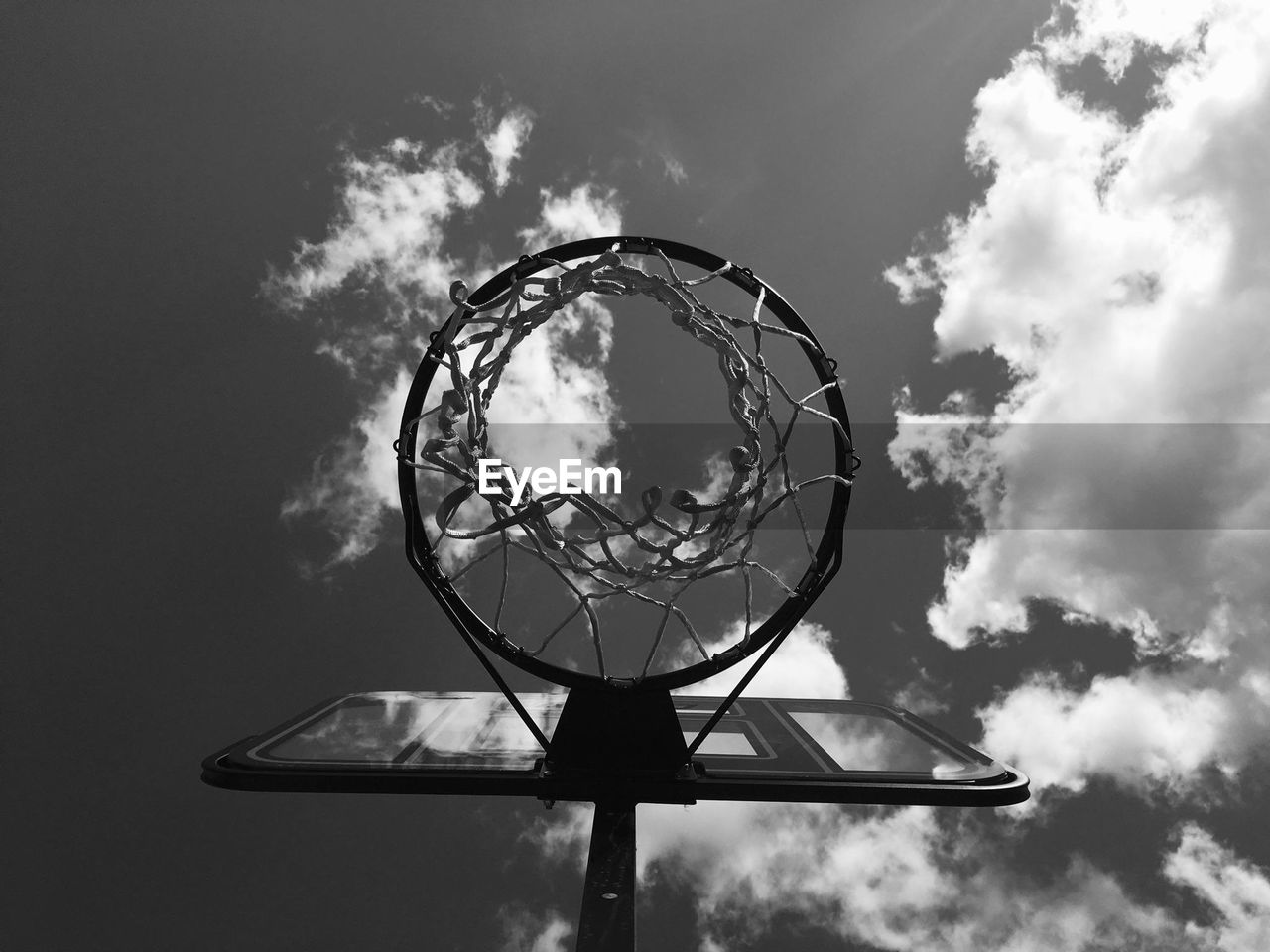 Directly below shot of basketball hoop against sky