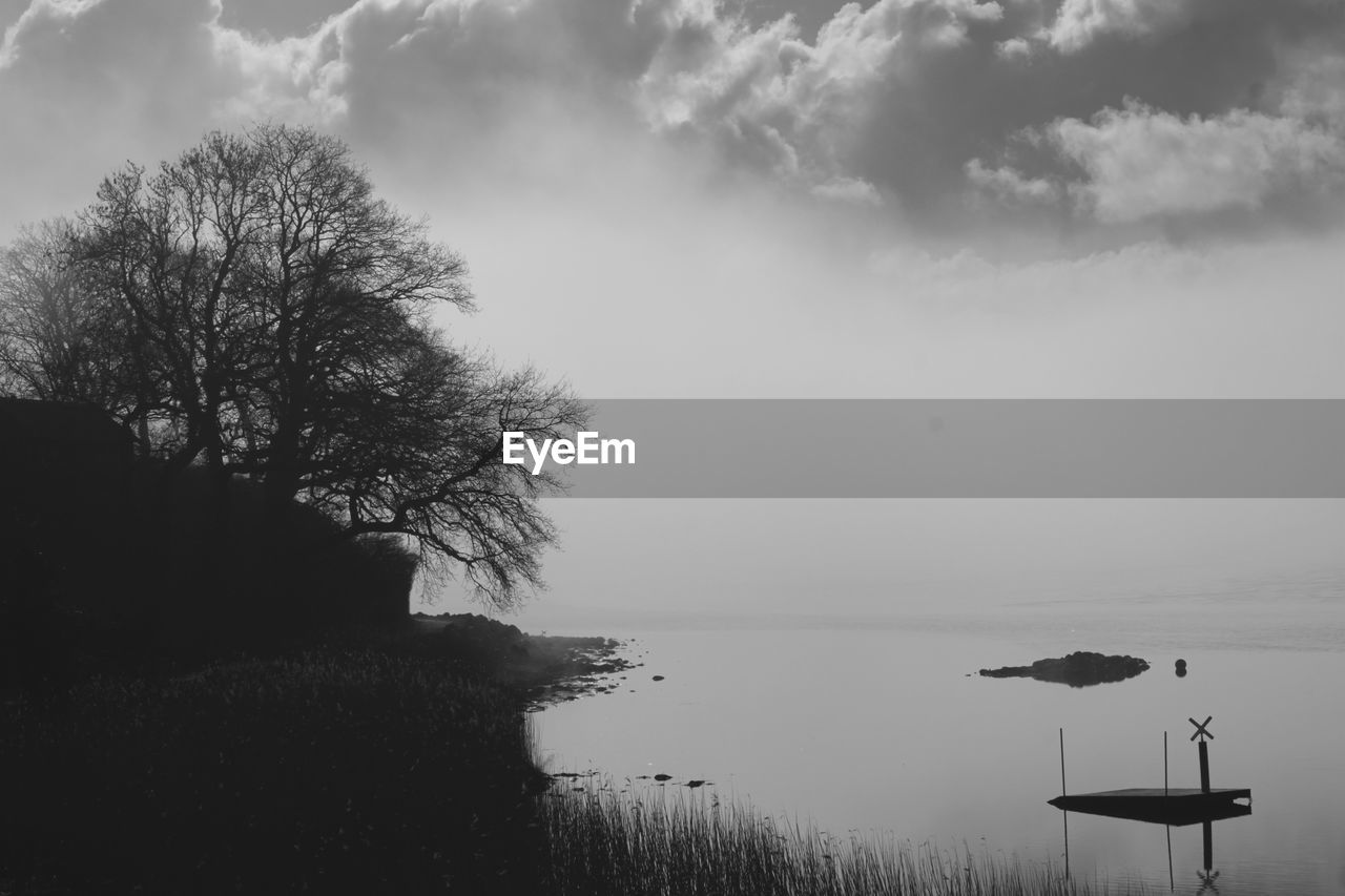 Scenic view of calm lake against cloudy sky