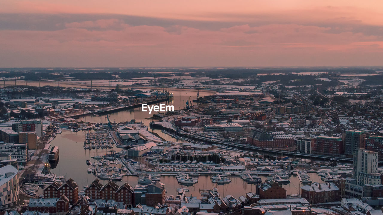 An aerial photo of in ipswich, suffolk, uk at sunset