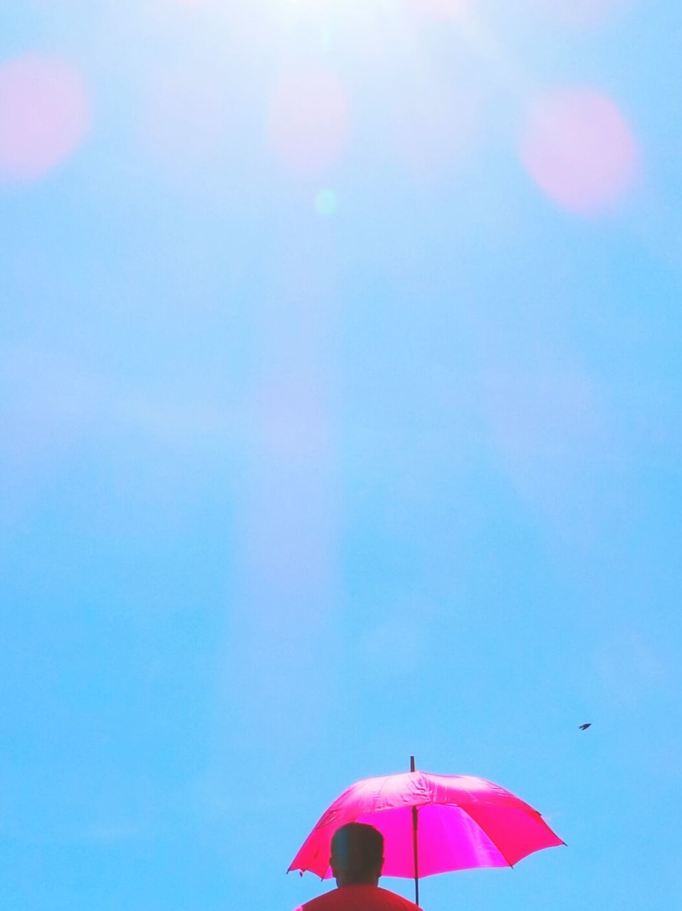 Rear view of man with umbrella against sky