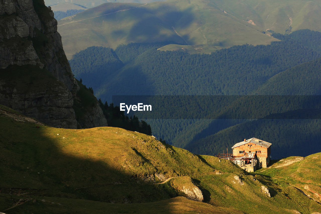 High angle view of chalets on mountain at bucegi natural park