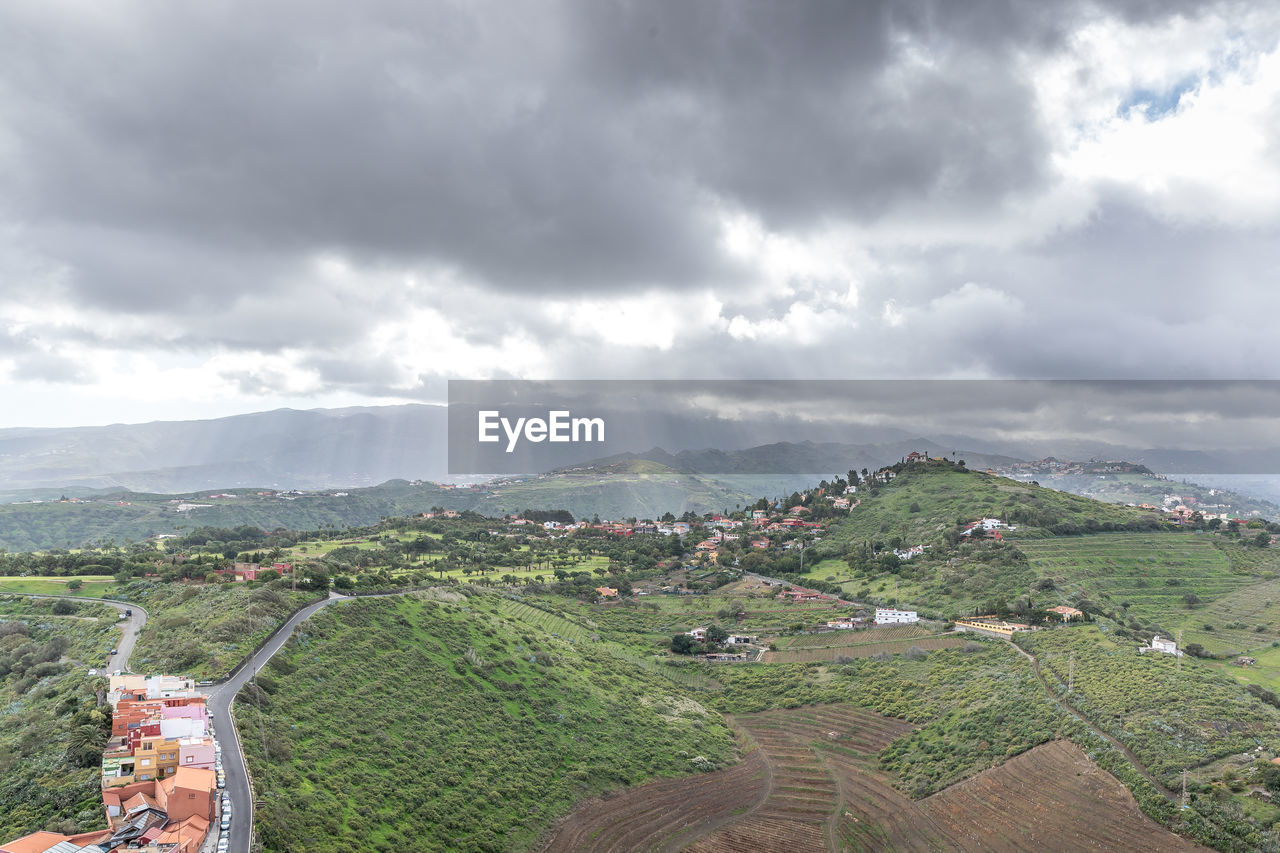 HIGH ANGLE VIEW OF FARM AGAINST SKY