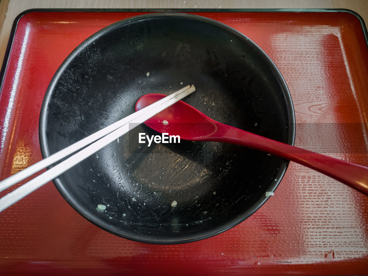 High angle view of empty bowl in tray