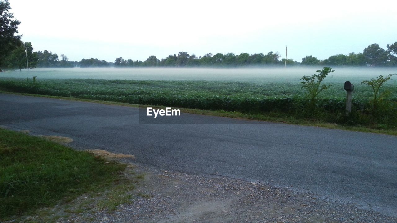 Street by field in foggy weather against sky