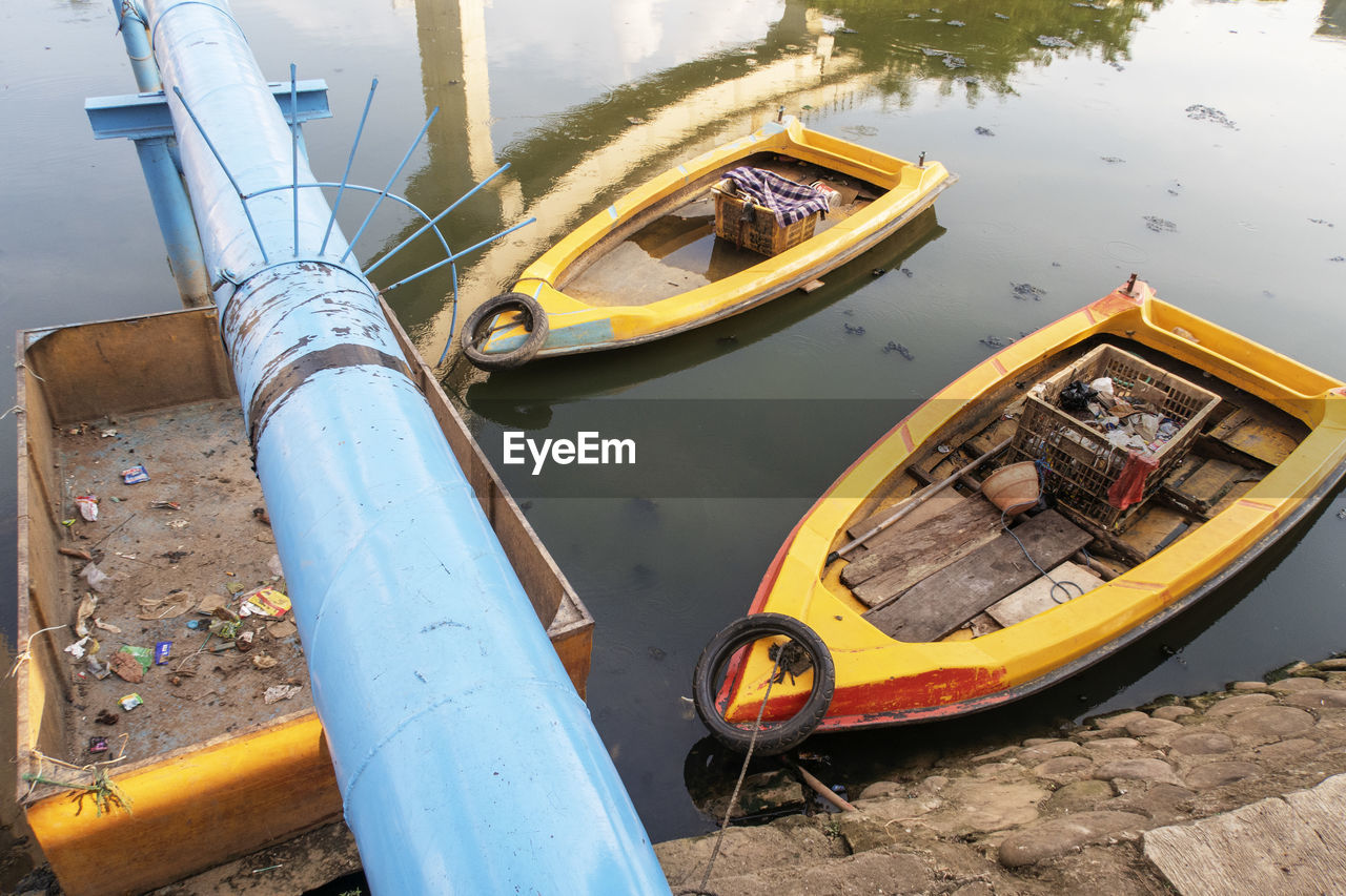 High angle view of abandoned boat moored at lake