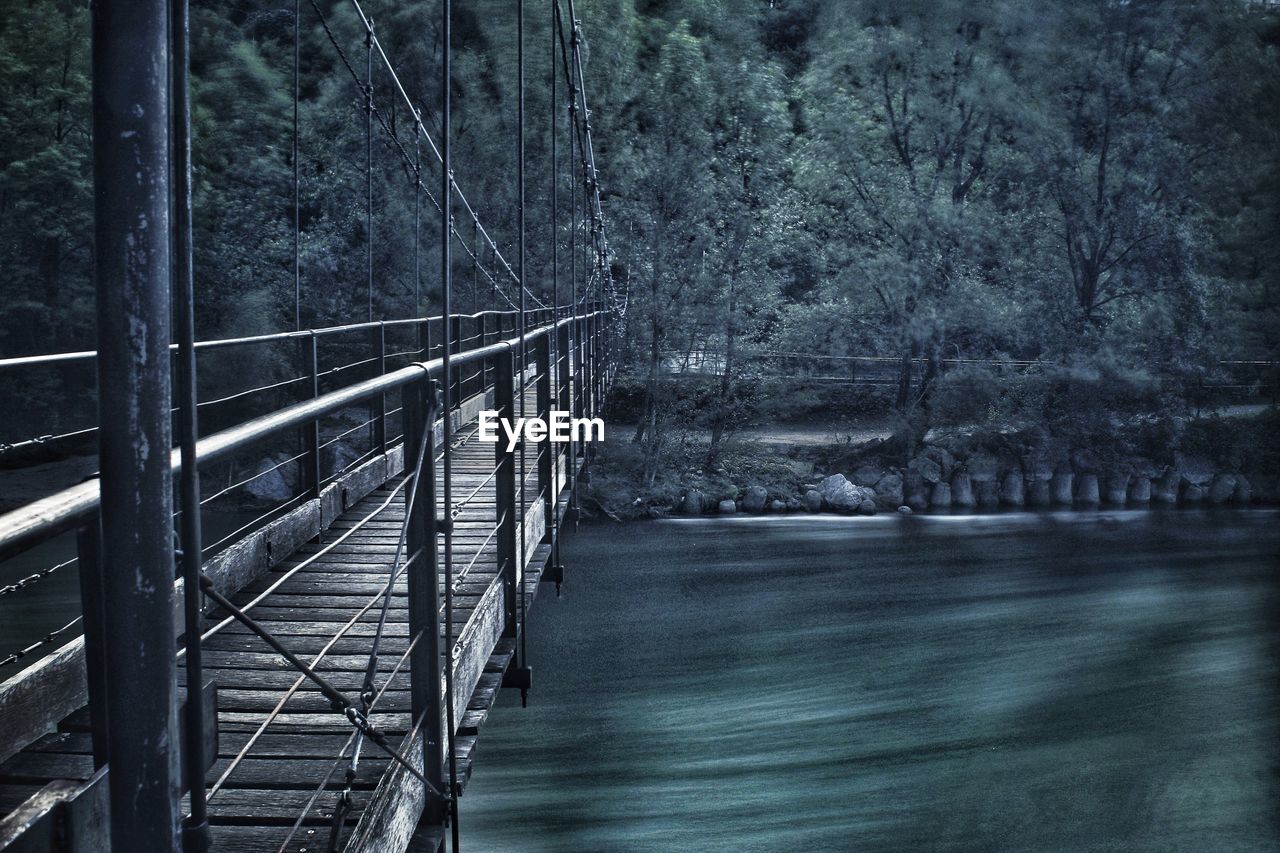 BRIDGE OVER RIVER AGAINST TREES IN FOREST