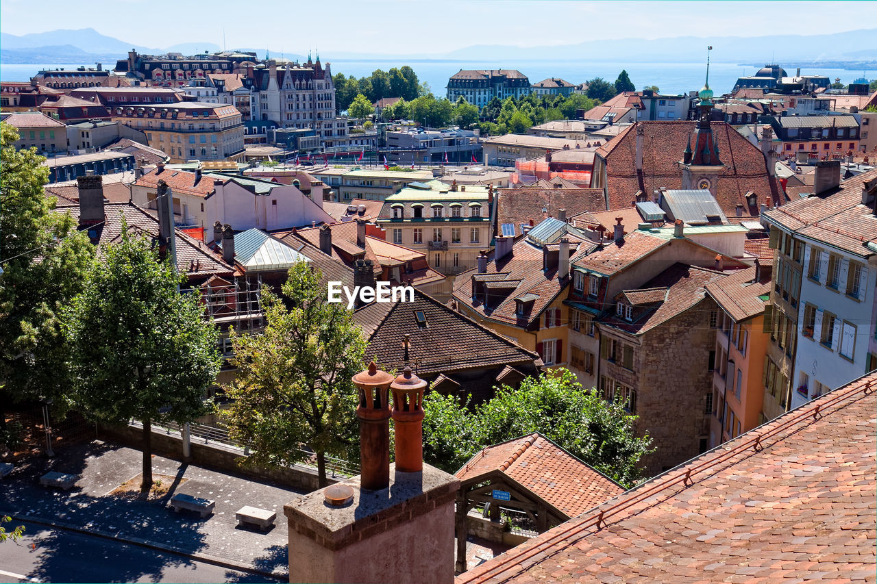 High angle view of houses in town