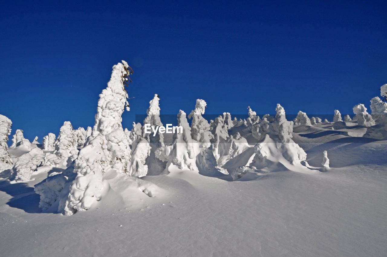 PANORAMIC VIEW OF SNOW COVERED LANDSCAPE AGAINST CLEAR BLUE SKY