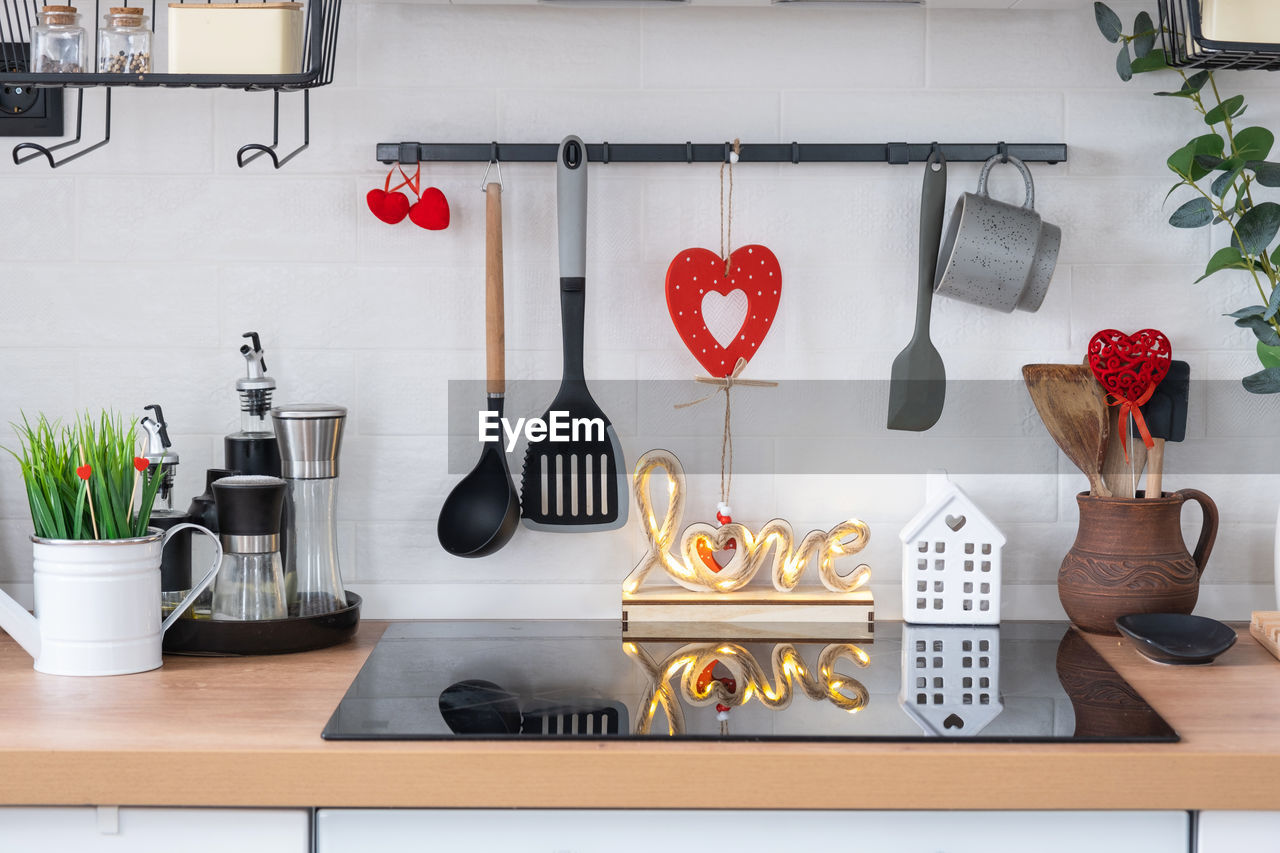 high angle view of kitchen utensils on table