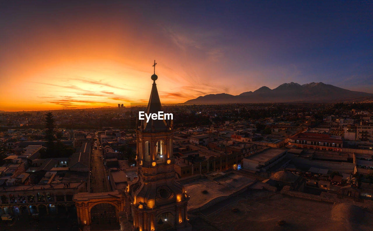 Aerial drone view of arequipa main square and cathedral church at sunset. arequipa, peru.