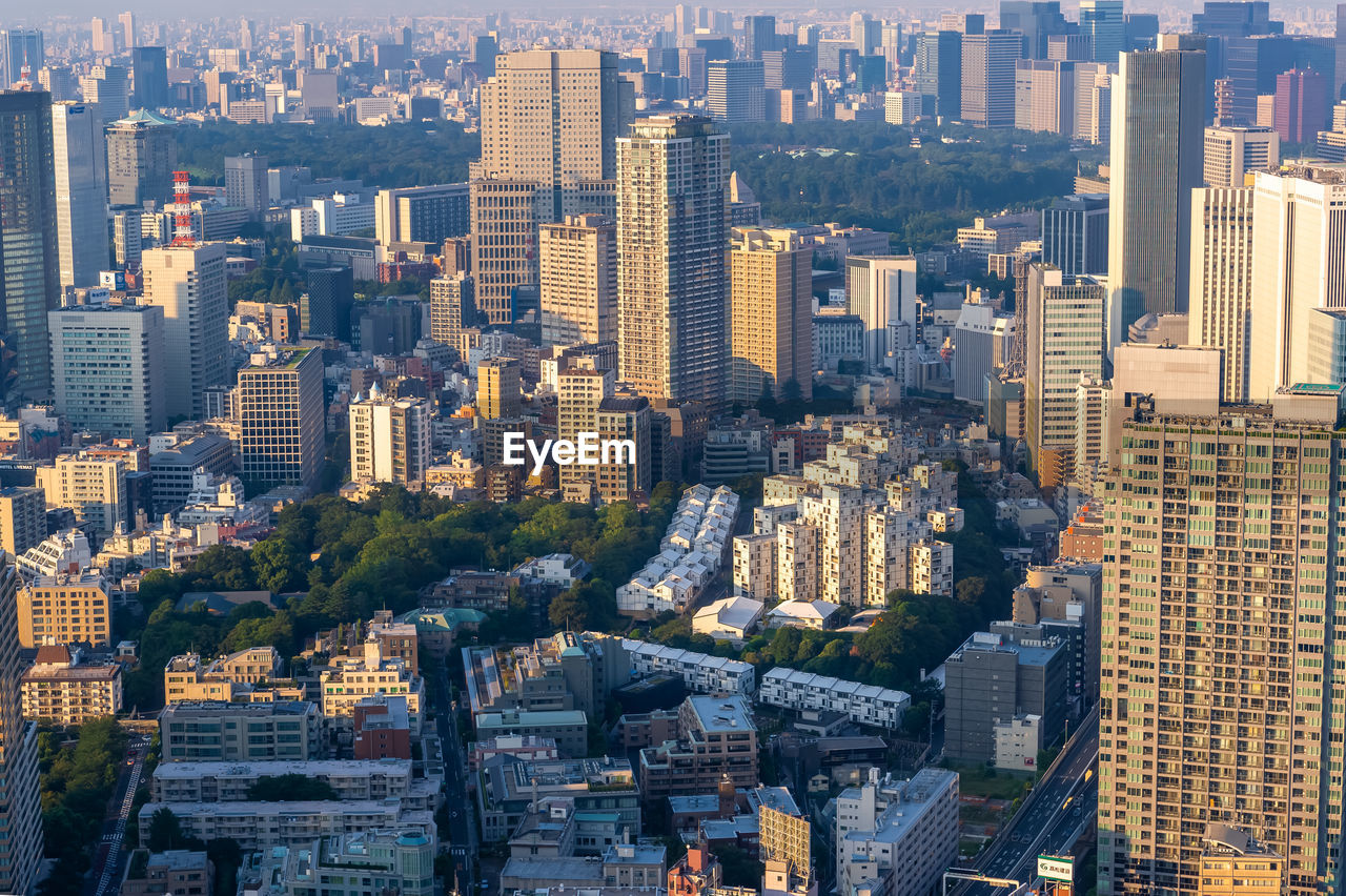 High angle view of buildings in city